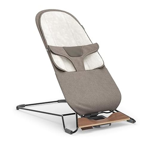 UPPAbaby Mira Bouncer/Portable 2-in-1 Bouncer + Seat Grows with Your Baby/GREENGuard® Gold, JPMA + FSC® Certified/Cozy Seat Liner + Storage Bag Included/Wells (Taupe Mélange/Black Chrome/Walnut Wood)