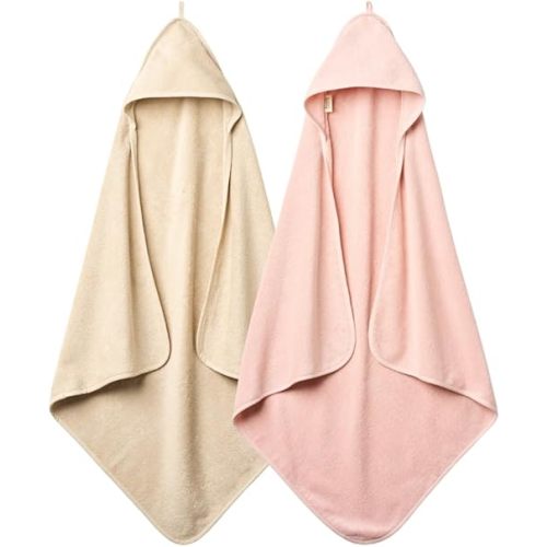 Baby Hooded Towel – Organic Cotton Baby Bath Towels, 32" x 32" Super-Soft and Absorbent Baby Towels for Newborn 2-Pack (Blush/Fog)