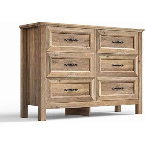 LINSY HOME 6 Drawer Double Dresser for Bedroom, Modern Farmhouse Wide Chest of Drawers, Dressers Organizer for Living Room, Closet, Hallway, Rustic Brown