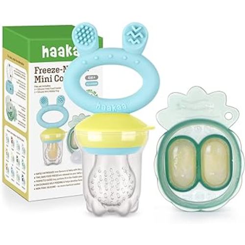 Haakaa Baby Fruit Food Feeder & Mini Freezer Nibble Tray Combo, Breastmilk Popsicle Molds for Baby Cooling Relief, BPA Free Silicone Feeder for Safe Infant Self Feeding, 4 Month+ (Blue)