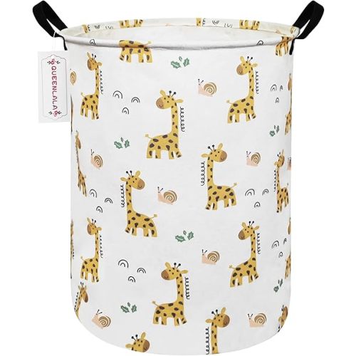 QUEENLALA Large Storage Basket,Laundry Hamper/Bathroom/Home Decor/Collapsible Round Storage Bin,Boys and Girls Hamper/Boxes/Clothing(Round-Yellow Giraffe)
