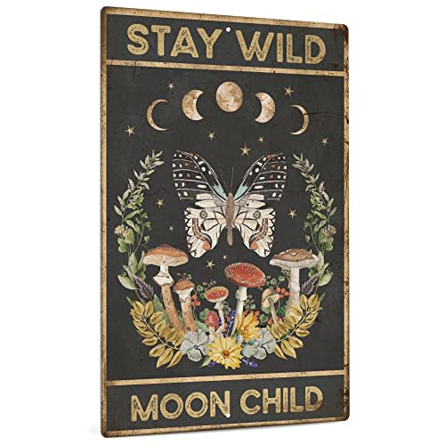Putuo Decor Mushroom Metal Signs, Retro Hippie Room Decor, Stay Wild Moon Flower Wall Decor for Bedroom, Bathroom, 12 x 8 Inches