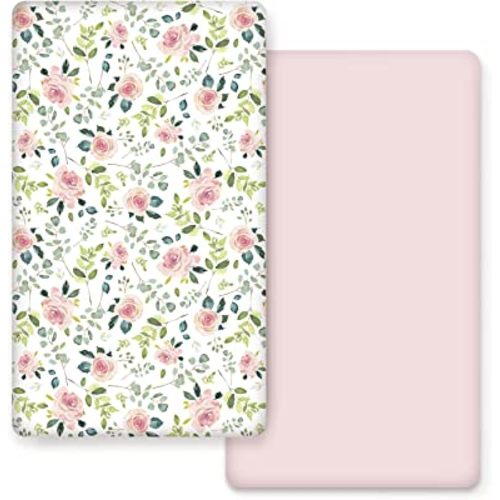 GRSSDER Stretchy Ultra Soft Jersey Knit Fitted Crib Sheets Set 2 Pack, Cozy Crib Sheet Girl Fits All Standard Crib Mattress Pads, Beautiful Pink Rose Print