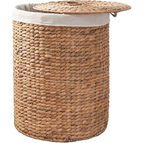 Round Woven Wicker Laundry Hamper with Lid - Large Water Hyacinth Storage Wicker (Natural Brown, 18"L x 18"W x 23"H)