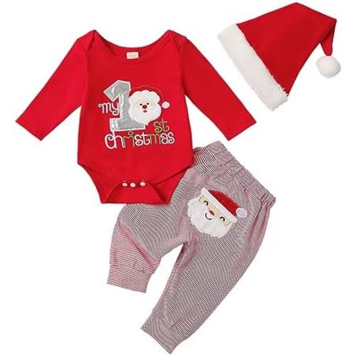 FYBITBO My First Christmas Baby Boy Girl Outfits Newborn Infant Letter Romper Shirt Pants Hat 1St Christmas Clothes Set