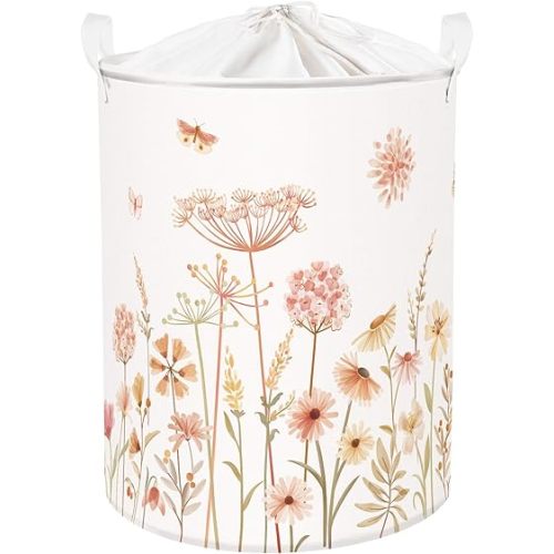 Clastyle 63L Large Boho Flower Plants Kid Laundry Hamper with Handle Girl Bedroom Bathroom Nursery Collapsible Clothes Toy Storage Basket with Lid
