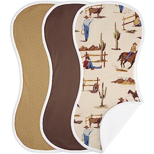 Sweet Jojo Designs Western Cowboy Baby Boy Absorbent Burp Cloths for Infant Newborn - Red Blue Tan Chocolate Brown and White Wild West Southern Country Horse - 3 Pack Set of Dribble Drool Cloths
