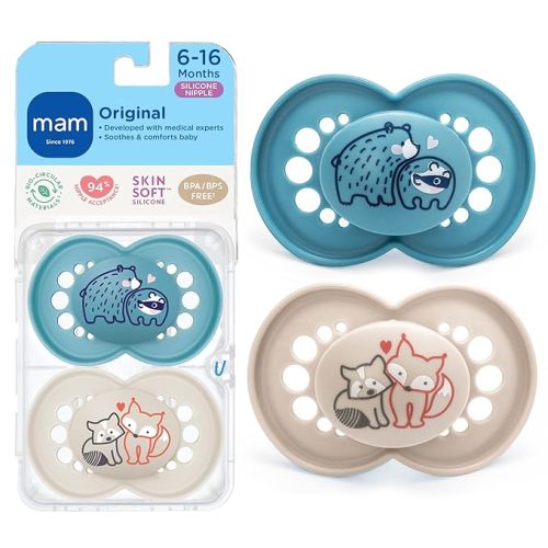 MAM Original Matte Baby Pacifiers 6-16 Months, Binky for Newborn Babies, BPA-Free Skin Soft Silicone Nipple, Easy to Clean, Developed with Medical Experts, 2 Pk, with Sterilizer Case, Made in Europe