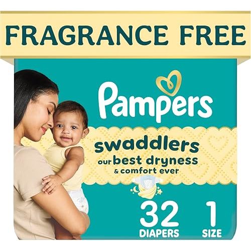 Pampers Swaddlers Diapers, Size 1 (8-14 lbs), 32 Count, Hypoallergenic, Absorbent, Keeps Baby Dry and Comfortable, Skin Safe Disposable Newborn Baby Diaper