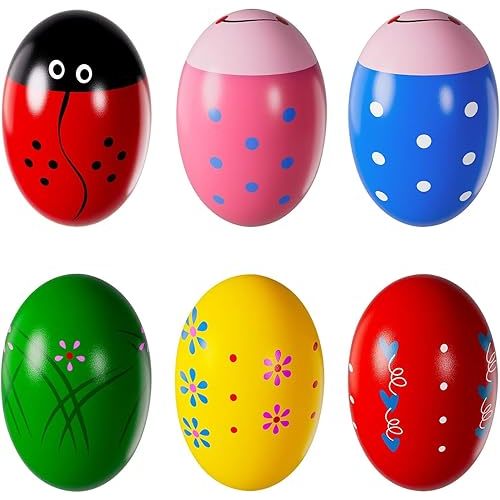 Easter Basket Stuffers, Set of 6 Prefilled Easter Eggs, Wooden Percussion Musical Shaker Egg Fillers Montessori Toy Essentials for Toddlers Teens Kids Boys Girls Babies