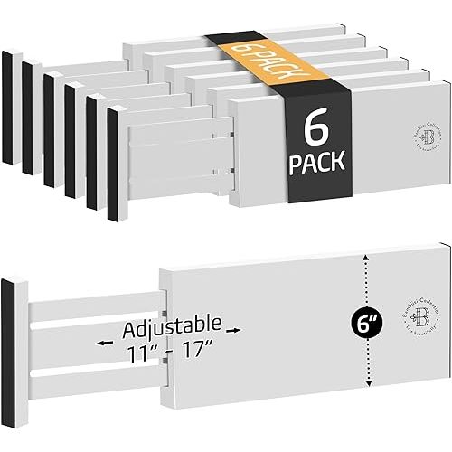 6 Pack Drawer Dividers 6 Inch High, 11”-17" Adjustable Bamboo Organizers Large Expandable Drawer Separators for Cloths, Dresser, Bedroom, Bathroom, Baby Drawer, Office & Kitchen Utensils (White)