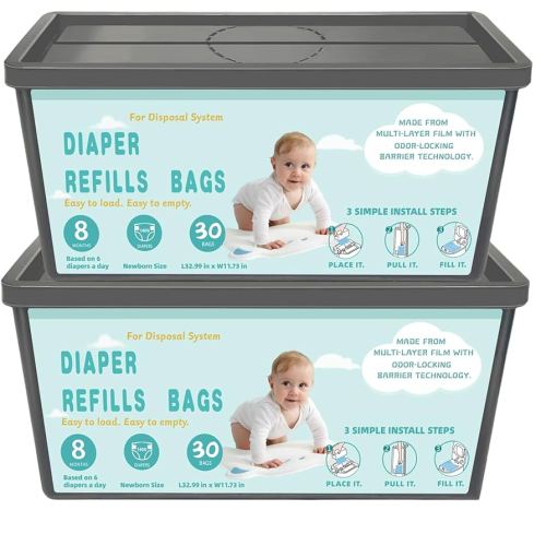 Diaper Pail Refills Bags with 30 Bags Compatible with Genie Easy Roll Signature and Platinum Diaper Pails, 7-Layer Odor-Barrier Technology