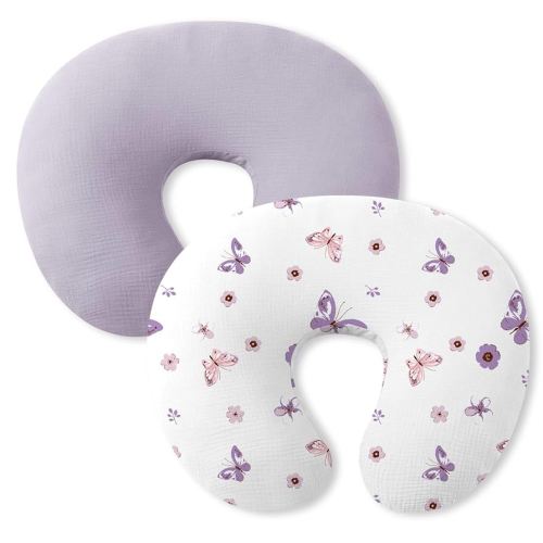 Little Grape Land Nursing Pillow Covers 2 Pack for Baby, Soft 100% Cotton Covers for Breastfeeding Pillows, Breathable Muslin Purple Butterfly Nursing Pillow Cases Fit Standard Nursing Pillows