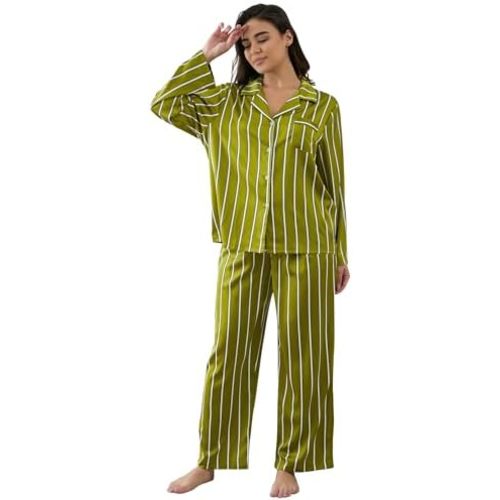 Womens Silk Satin Pajamas Set Button Down 2 Piece Pjs Long Sleeve Oversized Sleepwear with Pockets