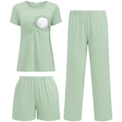 Ekouaer 3 Piece Postpartum Nursing Pajamas Set Short Sleeve Breastfeeding Shirts Pregnancy Shorts & Pants Maternity Pjs