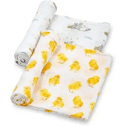 LollyBanks Baby Swaddle Blanket, 100% Cotton Muslin Blanket for Boys and Girls, Large 47 x 47 Inches Soft and Breathable Swaddles for Newborns, Gentle Baby Wrap Swaddle, Registry (Chick Rabbit 2 Pack)