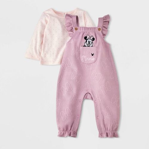 Baby Girls' 2pc Disney Minnie Mouse Long Sleeve T-Shirt & Embossed Overalls Set - Pink