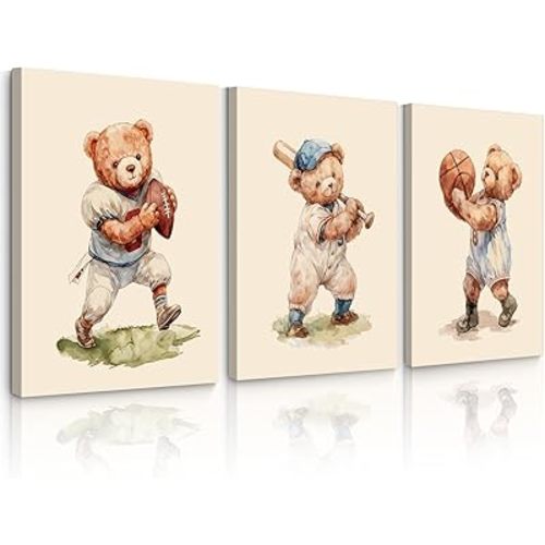 Nursery Teddy Bear Wall Art Decor Boy Vintage Canvas Pictures Nursery Sports Prints Baby Boy Room Decor Kids Animal Poster Bear Artwork for Bedroom Playroom 16x24 Inch Set of 3 Wrapped Canvas