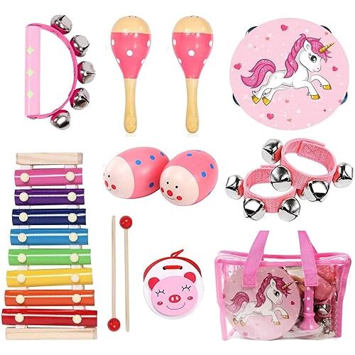 Kids Musical Instruments Sets, 12pcs Wooden Percussion Instruments Toys Tambourine Xylophone for Kids Playing Preschool Education, Early Learning Musical Toys for Boys Girls Gift (Pink)