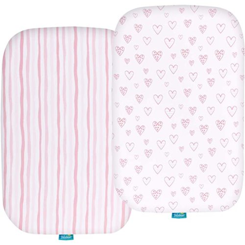 Bassinet Sheets Compatible with Arm's Reach Co-Sleeper Bassinet, 2 Pack, 100% Jersey Cotton Fitted Sheets, Breathable and Heavenly Soft, Pink Stripes and Hearts Print for Baby - for Arm's Reach Co-Sleeper Bassinet
