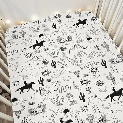 Western Cowboy Baby Crib Sheets Boy Girl 52"x28" Wild West Cactus Mountain Snake Cattle Skull Sun Soft Snug Fitted Crib Mattress Cover Desert Adventure Baby Sheet for Standard Crib & Toddler Mattress
