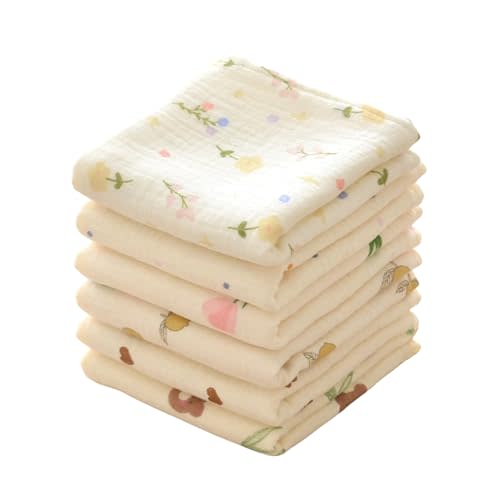 MUKIN Baby Muslin Washcloths and Burp Cloths, Floral Pattern Cotton Face Towels, Burping Cloths for Newborn,6-Pack,10x20 inches