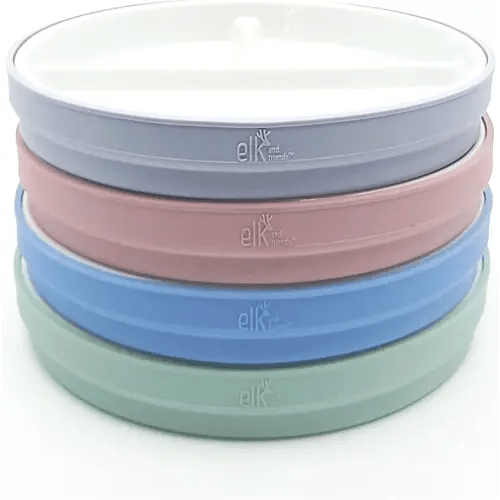 Elk and Friends Kids 6.7” Porcelain White Plates with Silicone Sleeves | Divided Plates | Suitable for Kids/Toddlers | Microwave & Dishwasher Safe | Non Slip | Snack Dishes…