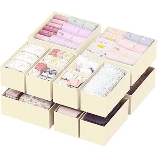 Drawer Organizer for Baby Clothes, Drawer Dividers Storage Bins with Zipper, Fabric Nursery Drawer Organizer Clothes, Foldable Drawer Organizer for Diapers/Socks/Bra/Towels/Ties, 12 Pack, Beige