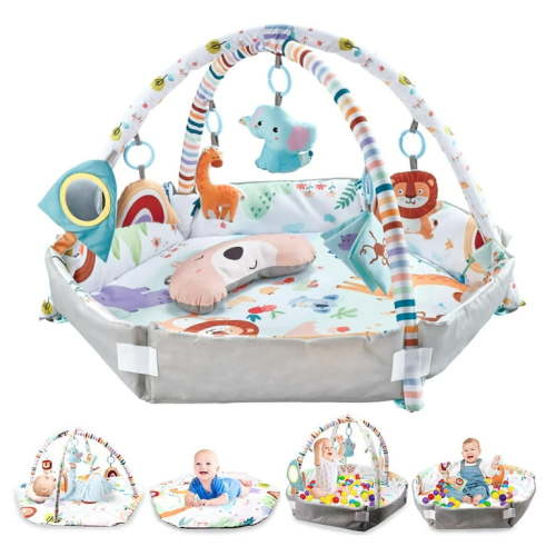 JoyStone Baby Gym Play Mat with 6 Detachable Toys, Washable Baby Activity Mat, Baby Gift for Newborn Infant 0-18 Months (Grey)