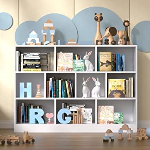 Cozy Castle White Bookshelf, 3-Tier Open Shelf Bookcase, 10 Cube Storage Organizer with Anti-Tilt Device, Freestanding Horizontal Bookshelf Cube Shelf for Bedroom, Living Room
