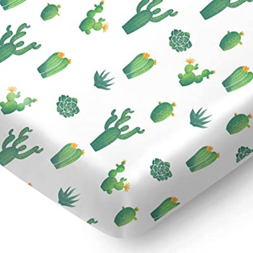 Mini Crib Sheet with Cactus Pattern - 100% Organic Cotton Pack n Play Fitted Sheet - Premium Pack n Play Sheets - Compatible as Graco Pack n Play Sheet & Mini Crib Sheets - Pickle & Pumpkin