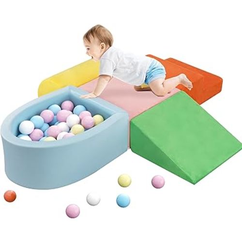 JY QAQA 5Pcs Soft Foam Toddler Climbing Toy Set, Foam Climbing Blocks with Ball Pit for Toddlers 1-3 Years Old,Indoor Play Set for Crawling and Scooting (Balls Not Included)