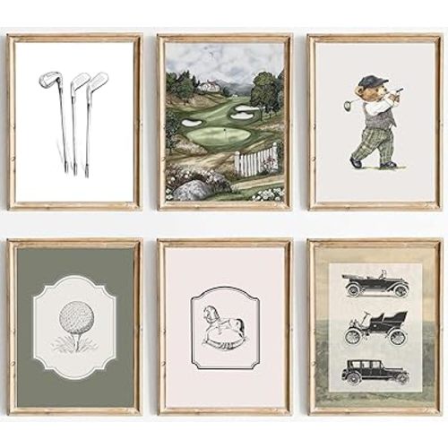VHQXFQHU 6Pcs Sage Green Vintage Nursery Wall Art Teddy Bear Golf Sports Wall Decor Toddler Vehicle Painting Pictures Vintage Cars Farmhouse Poster for Kids Boys Room Playroom Bedroom 8x10in Unframed