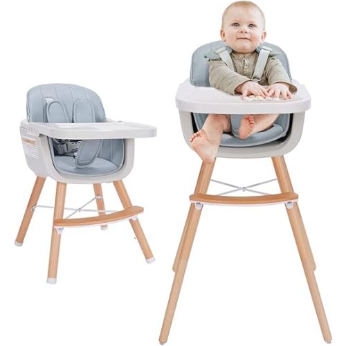 3-in-1 Wooden High Chair,Baby High Chair with Adjustable Legs & Dishwasher Safe Tray, Made of Sleek Hardwood & Premium Leatherette, Blue Color