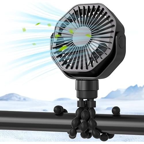 Portable Stroller Fan with Flexible Tripod, 3 Speeds Rechargeable Handheld Personal Fan, 360°Rotate Battery Operated Clip On Fan for Car Seat Crib Bike Treadmill Black