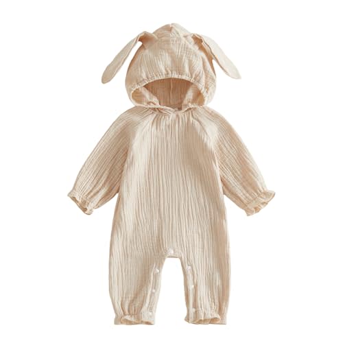 GINEVSAL Baby Girl Boy Easter Clothes Bunny Romper Solid Ruffle Long Sleeve Cotton Linen Jumpsuit with Hood Spring Clothes