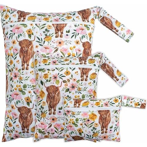 Little Jump Cloth Diaper Wet Dry Bags Waterproof Reusable with Two Zippered Pockets Travel Beach Pool Daycare Soiled Baby Items Yoga Gym Bag for Swimsuits or Wet Clothes (Western Floral and cow)
