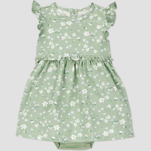 Carter's Just One You® Baby Girls' Floral Dress - Green/White 3M: Cotton Sleeveless Romper, Crew Neck, Botanical Pattern