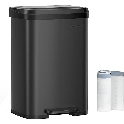 SONGMICS Kitchen Trash Can, 13 Gallon (50 L) Stainless Steel Garbage Can, with Stay-Open Lid and Step-on Pedal, Soft Closure, Tall, Large and Space-Saving, Black ULTB530B50