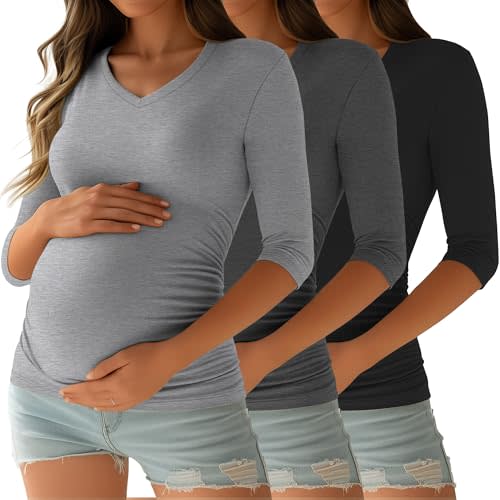 Ficerd 3 Pack Women's Maternity Shirts, 3/4 Sleeve V Neck Pregnancy Tops Side Ruched Casual Maternity Tee Pregnant Clothes