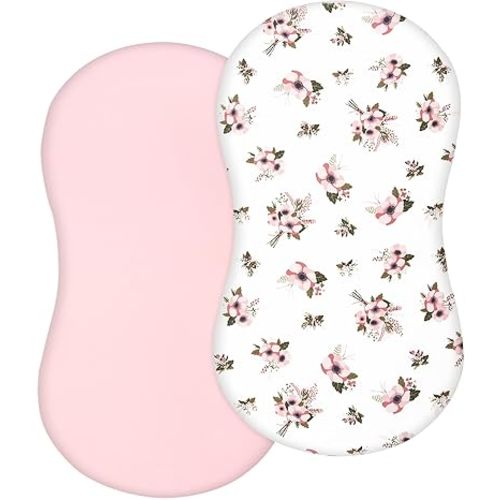 TILLYOU Cotton Fitted Bassinet Sheets for Baby Boy Girl, Fit for Halo Bassinet Swivel Sleeper, Adapt to Hourglass Bassinet Mattress Sheet, 31.5'' x 18'', 2 Pack Floral & Pink