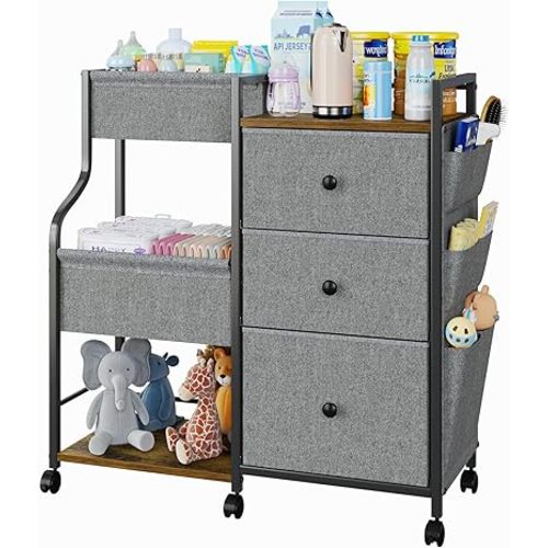 3 Tier Baby Diaper Caddy Organizer, Rolling Storage Cart with Wheels, Utility Cart Newborn Baby Essentials Storage with Large Capacity Dividers and Drawers for Nursery, Grey