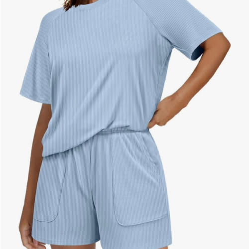 Ekouaer Women Pajama Sets Ribbed Knit 2 Piece Lounge Set Short Sleeve Pjs Summer Loungewear Sleepwear with Pockets Midnight Blue M at Amazon Women’s Clothing store