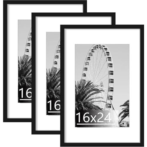 Abtgt 16x24 Frame Set of 3, Display Pictures 12x18 with Mat or 16 x 24 Without Mat, Poster Frames for Vertical & Horizontal Wall Hanging Display, Black