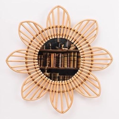 Mounted Mirror, 8 Petals Flower Wicker Rattan Decorative Mirrors for Living Room Bedroom Office (Medium - D19.68 Inches)