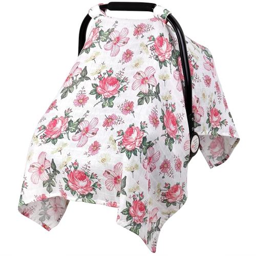 Metplus Car Seat Cover Baby Girl, 100% Muslin Cotton Infant Carseat Covers, Lightweight Breathable Car Seat Canopy, Summer Stroller Sun Shade, Newborn Travel Essentials (Pink Floral)