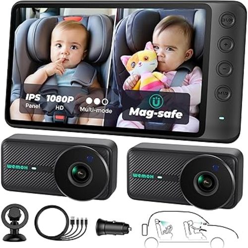 Magnetic Dual Baby Car Camera for Two Kids, 1080P IPS Display with Magnetic Mount, 3 Modes(Zoom/Mirror/Split), Automatic Night Vision, USB-Powered Car Camera for Baby Rear Facing (2 Cams)