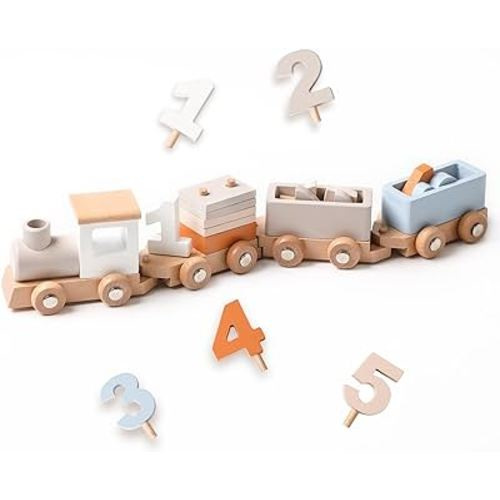 Montessori Stacking Toys for Toddlers 1-5 Wooden Train Set for Babies Wood Train Toys Classic Wooden Cars with Numbers and Blocks for Boys Girls 1 2 3 4 5 Birthday Gift