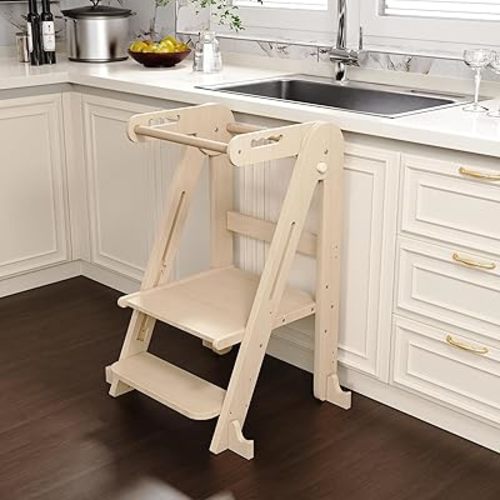 Kids Kitchen Step Stool, Folding Toddler Tower, Height Adjustable Toddler Tower with Safty Rail and Anti-Slip Device, Wooden Stool for 1.5-6 Years (Wood Original Color)
