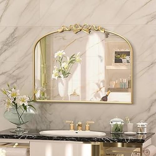 Besdomus Antique Arched Gold Mirror: 32"x24" Large Arch Bow Antique Wall Mounted Mirror - Baroque Traditional Ornate for Living Room/Fireplace/Bathroom- Home Decor for Homemakers